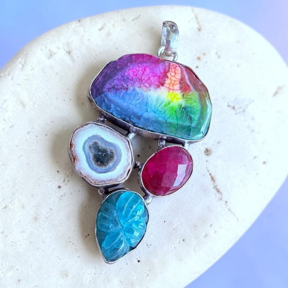Rainbow Solar Quartz Ruby Agate 925 Silver Plated Pendant